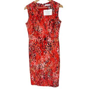 Carolina Herrera Red Black Printed Sheath Dress Sleeveless‎ Scoop Neck sz 10